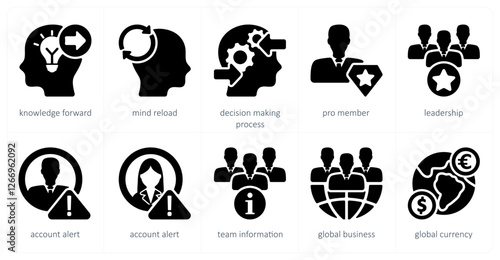 A set of 10 business icons as keyword forward, mind reload, decision making process