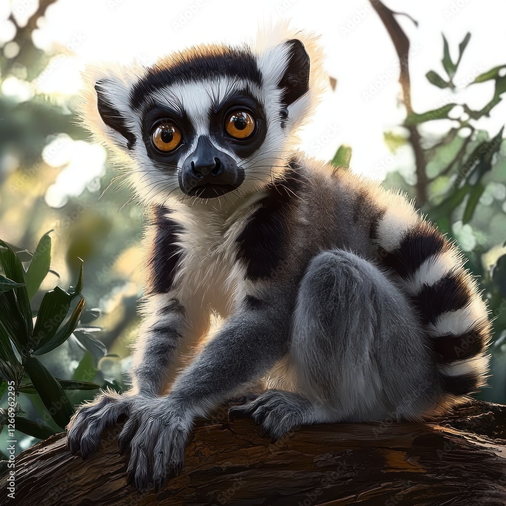 Realistic Portrait of a Lemur on a Log with Expressive Eyes and Detailed Fur in a Natural Setting Realistic Portrait of a Lemur on a Log with Expressive Eyes and Detailed Fur in a Natural Setting