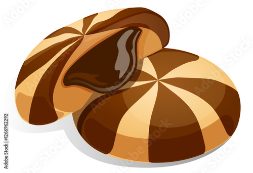 Stacked Chocolate Vanilla Swirl Cookies with Rich Chocolate Filling. Confectionery Dessert Illustration