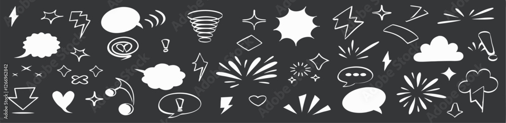 Hand-Drawn Vector Set: Speech Bubbles, Lightning Bolts. Hand-Drawn Vector Set: Speech Bubbles, Lightning Bolts.