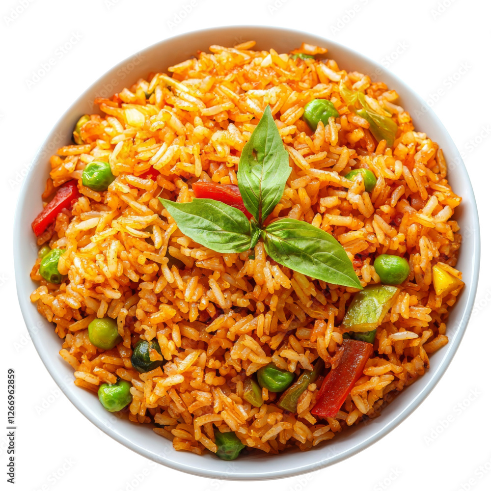 Delicious fried rice with colorful vegetables and fresh basil, served in white bowl. This vibrant dish is perfect for satisfying meal Delicious fried rice with colorful vegetables and fresh basil, served in white bowl. This vibrant dish is perfect for satisfying meal