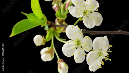 4K Time Lapse of blooming white Cherry flowers on black background. Spring timelapse of flowering flowers on branches Cherry tree.