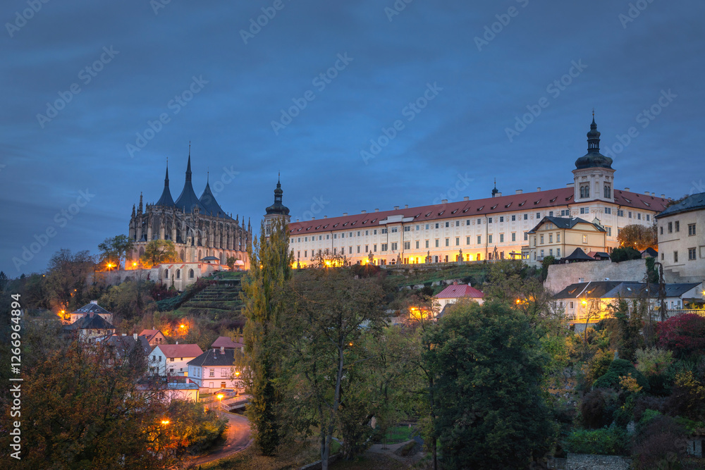 Kutna Hora, Czechia. Church of Saint Barbara and former Jesuit College at dusk