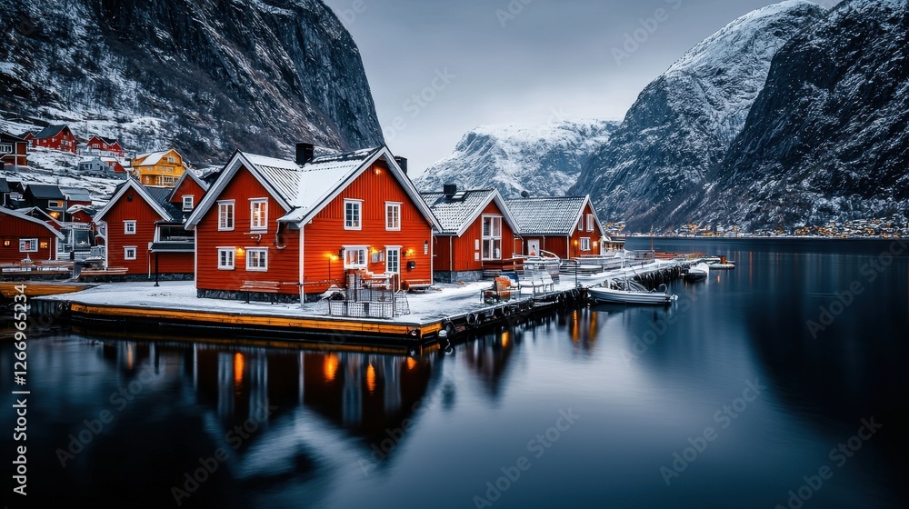 Fototapeta premium Charming Red Wooden Houses on Serene Blue Water in Snow-Covered Mountain Landscape