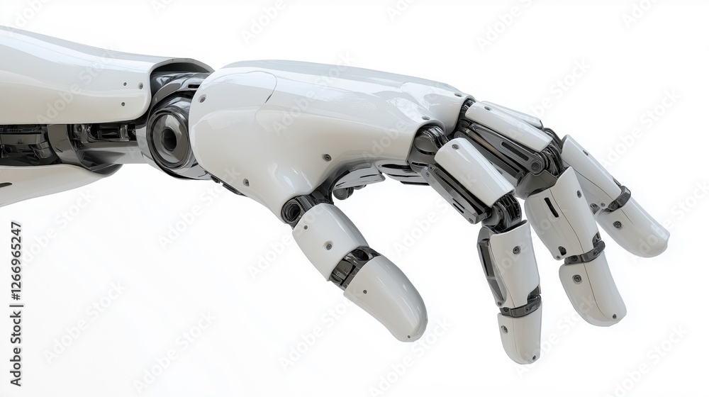 3D rendering of a robotic hand. The hand is white in color and has a metallic finish. It has two fingers, one on each side, with a small thumb and index finger 3D rendering of a robotic hand. The hand is white in color and has a metallic finish. It has two fingers, one on each side, with a small thumb and index finger