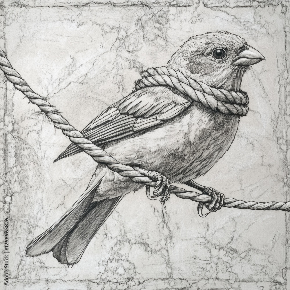 Fototapeta premium A Detailed Black & White Illustration of a Sparrow Tied in Knots, Symbolizing Struggle and Constraint.