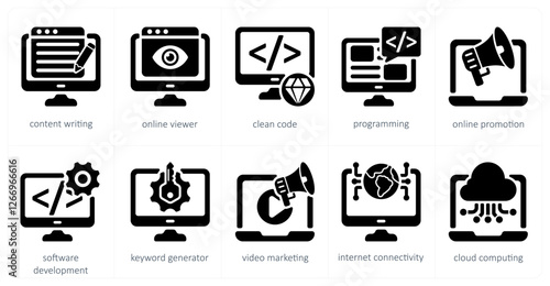 A set of 5 seo icons as content writing, online viewer, clean code