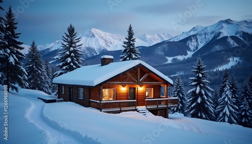 Wallpaper Mural Cozy wooden cabin surrounded by snow-covered mountains during a winter evening Torontodigital.ca
