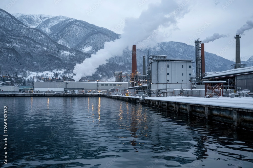 Fototapeta premium Industrial plant emits smoke by lake with snow covered mountains beyond