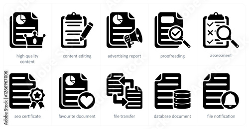 A set of 5 seo icons as high quality content, content editing, advertising report