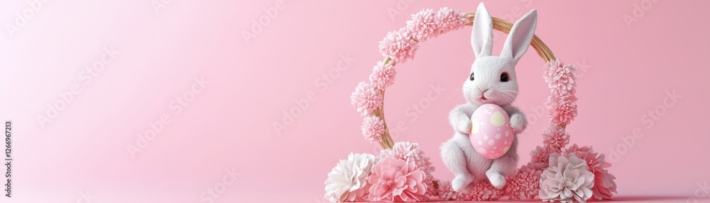 Fototapeta premium A cute white bunny sits in a pink floral arrangement against a soft pink background, perfect for spring or Easter-themed decor., Easter Orthodox, Easter