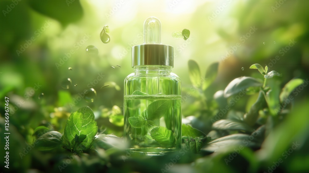 A glass bottle with dropper containing green liquid on a bed of fresh green leaves with sunlight streaming through. A glass bottle with dropper containing green liquid on a bed of fresh green leaves with sunlight streaming through.