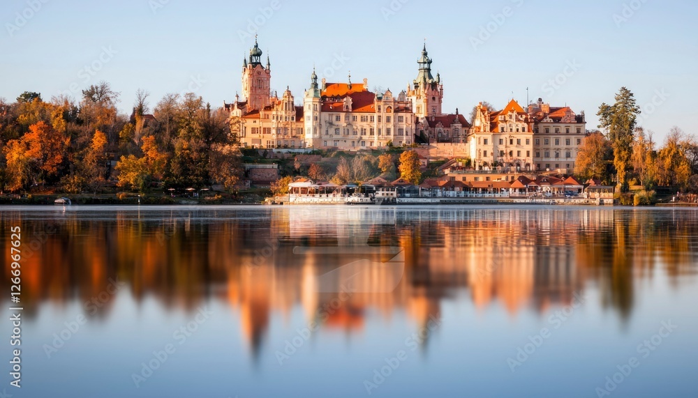 Castle reflection on lake with autumn trees. Travel destination scene Castle reflection on lake with autumn trees. Travel destination scene