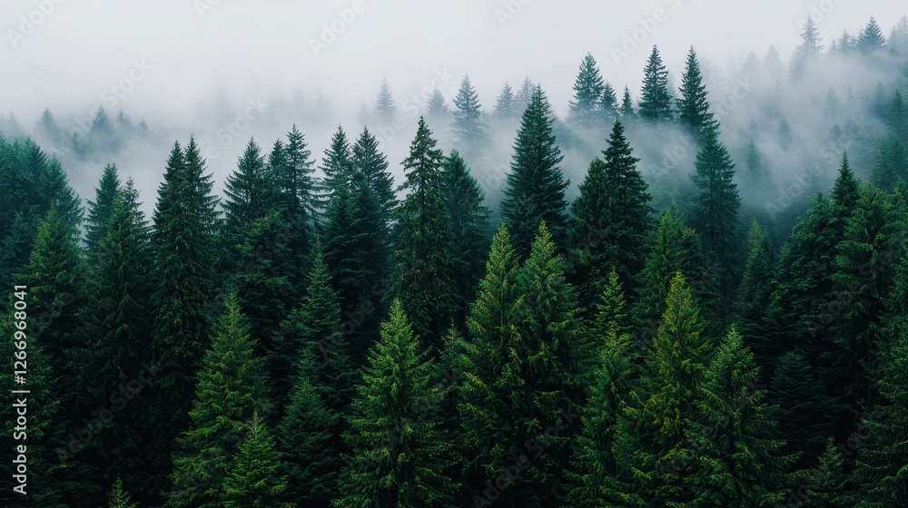 Lush Dense Evergreen Forest in Fog with Misty Atmosphere and Serene Greenery Lush Dense Evergreen Forest in Fog with Misty Atmosphere and Serene Greenery