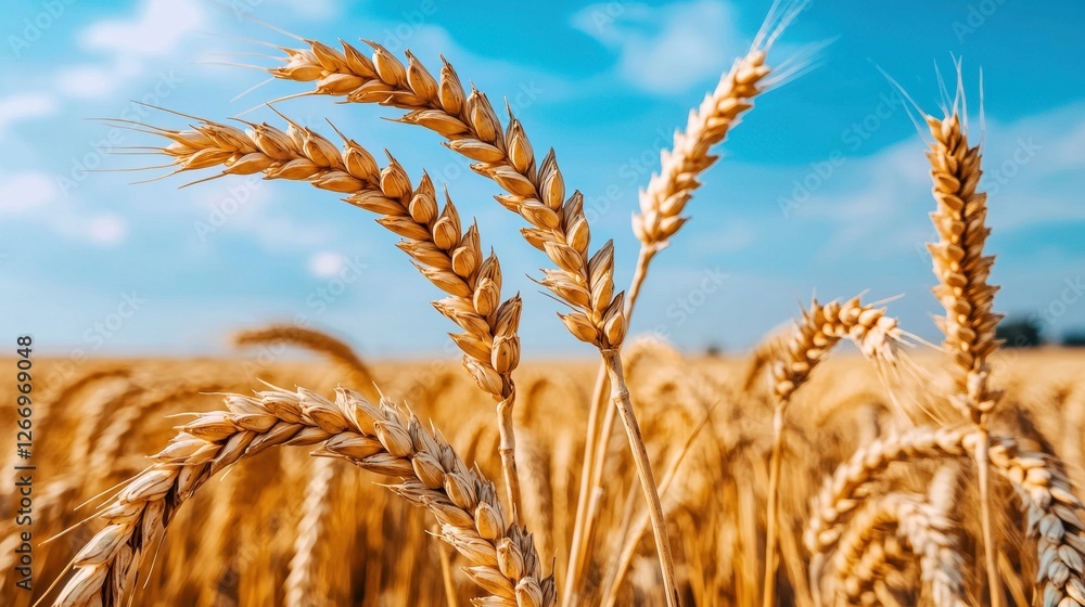 Golden Wheat Field Under Clear Blue Sky with Dramatic Clouds and Warm Natural Lighting Golden Wheat Field Under Clear Blue Sky with Dramatic Clouds and Warm Natural Lighting