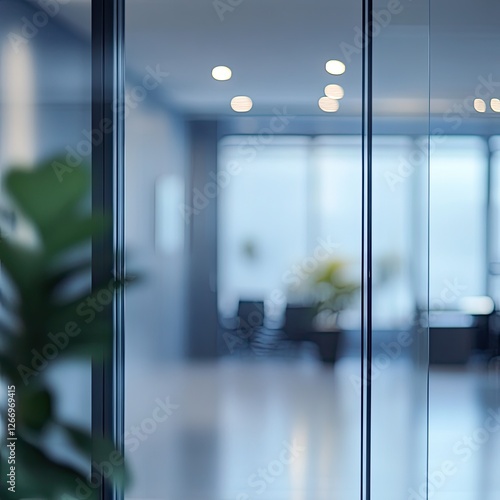 Blurred office interior background with a blurred door and glass wall, blurry bokeh light effect for a business concept design. High-quality photo, taken with a telephoto lens in realistic daylight.