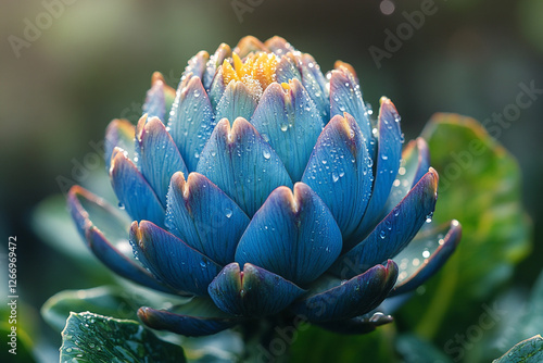 Dewdrops adorn a vibrant blue artichoke flower