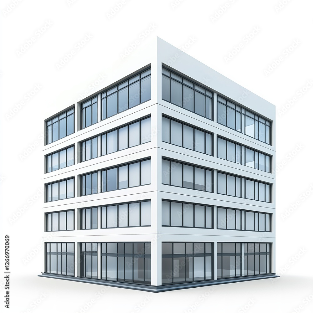 Modern White Office Building Exterior Design Architectural Model 3D Rendering Isolated White Background Business Corporate Structure Real Estate Modern White Office Building Exterior Design Architectural Model 3D Rendering Isolated White Background Business Corporate Structure Real Estate