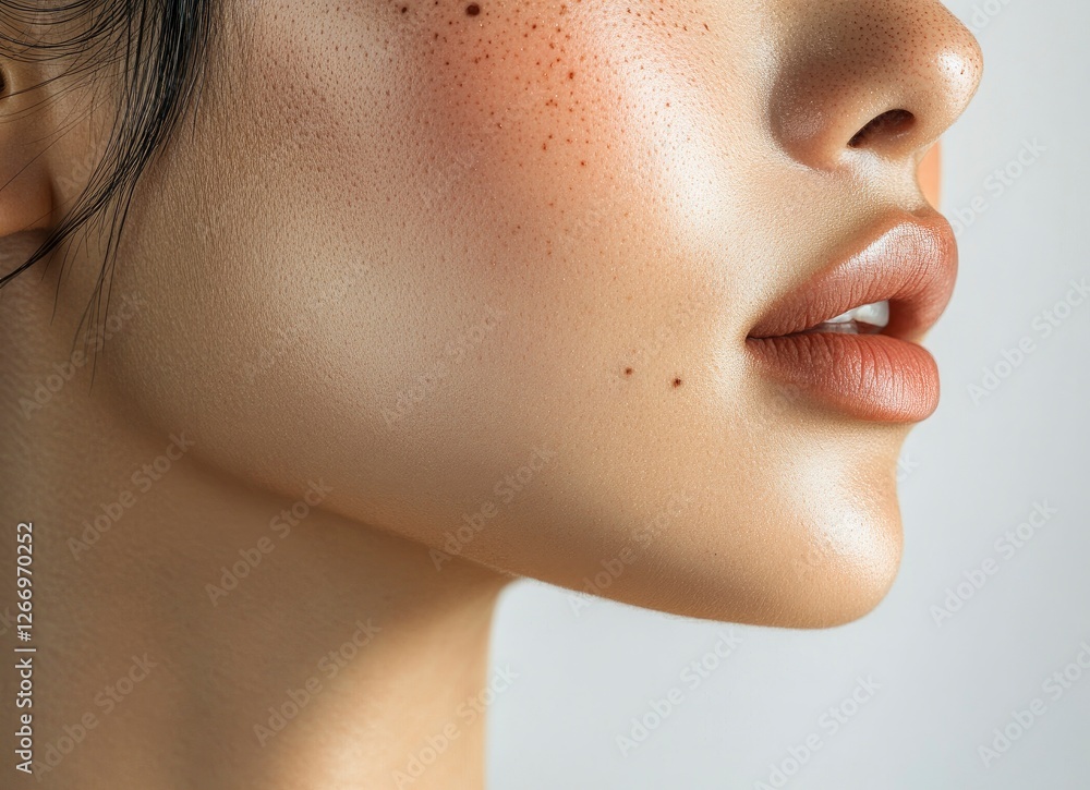 Close-up of a woman's face with skin moles and brown spots on the cheek, isolated on a background. Close-up of a beautiful Asian girl's neck. Close-up of a woman's face with skin moles and brown spots on the cheek, isolated on a background. Close-up of a beautiful Asian girl's neck.