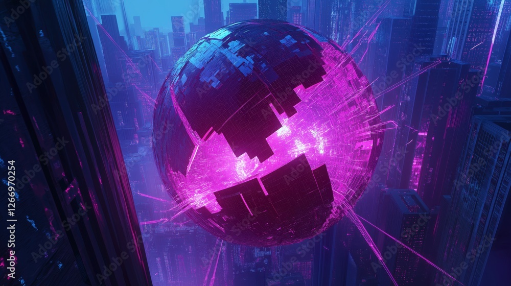 Obraz premium Futuristic glowing sphere with digital fragments over cyberpunk cityscape