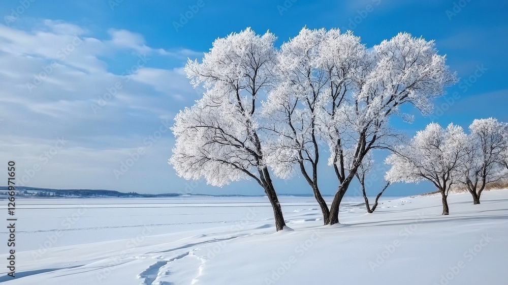 Frost-covered trees standing majestically in a serene winter landscape under a blue sky Frost-covered trees standing majestically in a serene winter landscape under a blue sky