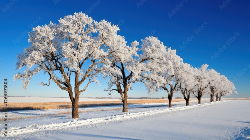 Frosty Winter Landscape with Snow-Covered Trees Under Clear Blue Sky Frosty Winter Landscape with Snow-Covered Trees Under Clear Blue Sky