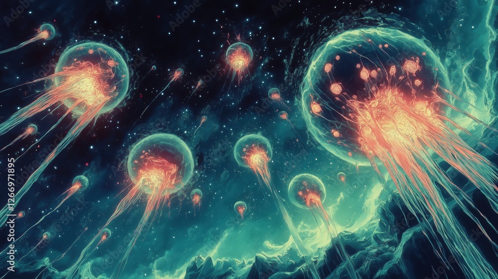 Glowing bioluminescent jellyfish floating in surreal deep space ocean Glowing bioluminescent jellyfish floating in surreal deep space ocean