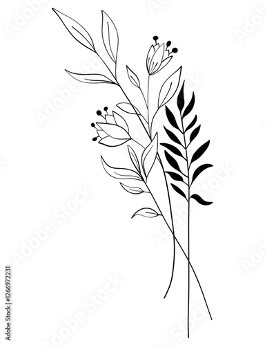 tiny wild flowers and plants line art botanical illustrations. Trendy greenery hand draw lines black ink sketches. vector illustration