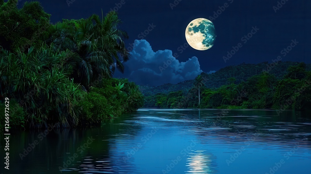 Fototapeta premium Tranquil River Scene Under Bright Full Moon with Lush Tropical Foliage at Night