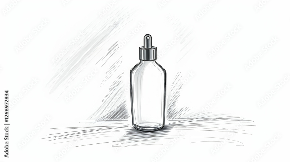 A sleek, clear glass bottle with a silver pump dispenser, sketched in a minimalist style with subtle shading and a cast shadow, against a clean white background. A sleek, clear glass bottle with a silver pump dispenser, sketched in a minimalist style with subtle shading and a cast shadow, against a clean white background.