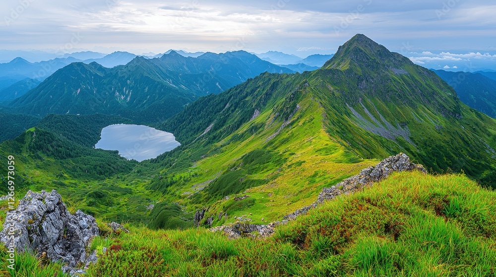 Fototapeta premium Scenic Mountain Landscape with Lush Greenery and Serene Lake in a Majestic Wilderness Setting