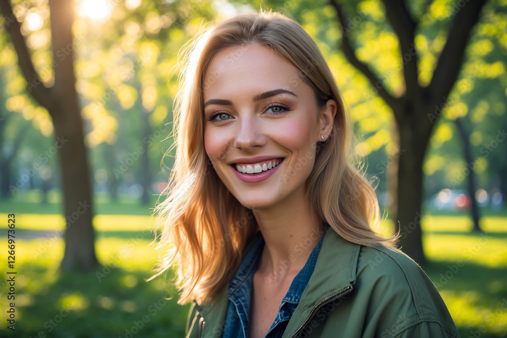 Portrait of a young smiling Danish woman wearing a casual green jacket and blue jeans in a lush garden Portrait of a young smiling Danish woman wearing a casual green jacket and blue jeans in a lush garden