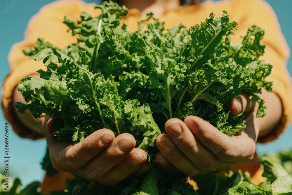 Hands holding fresh green kale, sunny field background, cooking ingredient Hands holding fresh green kale, sunny field background, cooking ingredient