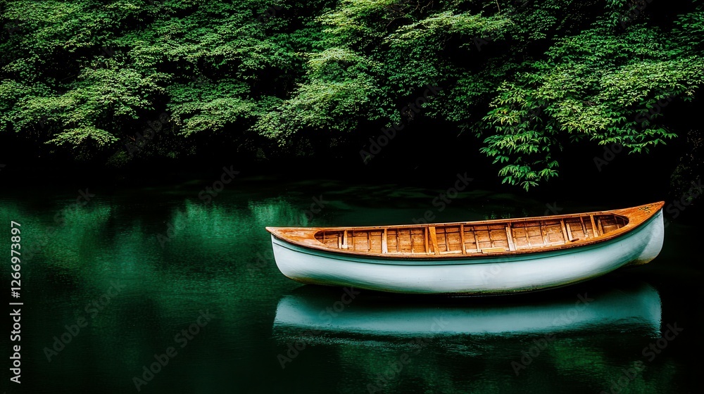 Serene Canoe Floating Calmly on Still Water Surrounded by Lush Greenery in Peaceful Wilderness Serene Canoe Floating Calmly on Still Water Surrounded by Lush Greenery in Peaceful Wilderness
