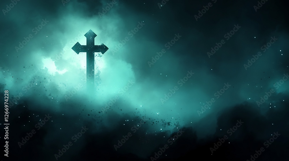 Dark Cross Eerie Teal Light Mysterious Fog. AI Generated Dark Cross Eerie Teal Light Mysterious Fog. AI Generated