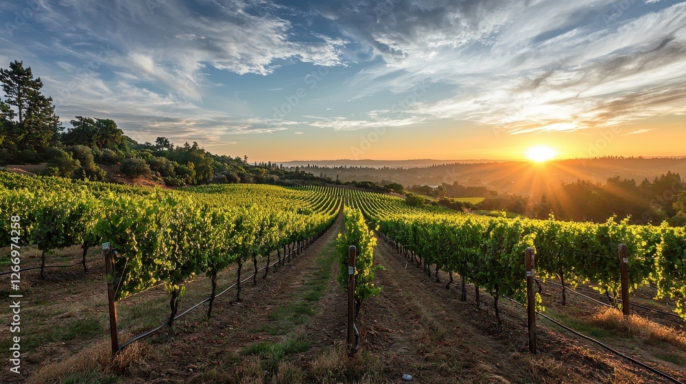 Fototapeta premium Beautiful Vineyard Landscape at Sunset with Lush Green Grapevines and Dramatic Sky