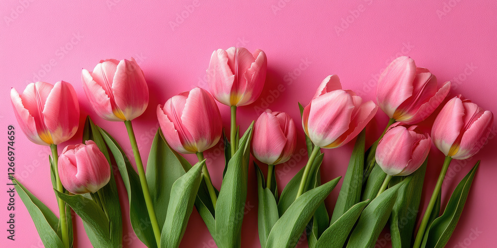 Greeting background with Bouquet of fresh pink tulips a pink background . Festive banner for birthday, Mother's day, Women's day, March 8,Easter, anniversary. Flat lay. Top view. Copy space. Mock up Greeting background with Bouquet of fresh pink tulips a pink background . Festive banner for birthday, Mother's day, Women's day, March 8,Easter, anniversary. Flat lay. Top view. Copy space. Mock up