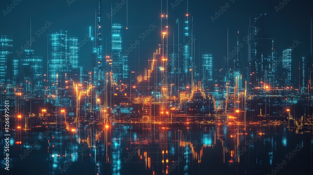A glowing representation of trade balance charts overlaid on an industrial cityscape, sharp and innovative A glowing representation of trade balance charts overlaid on an industrial cityscape, sharp and innovative