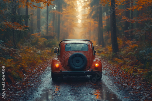 Classic Car Journey Through Autumnal Forest