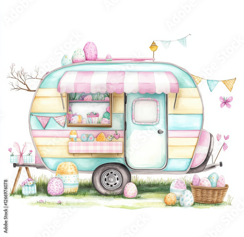 A cute Easter camper. There is pastel buffalo plaid fabric hanging around it, and there are Easter themed. items around, in a clipart style, with a watercolor effect on a white background photo