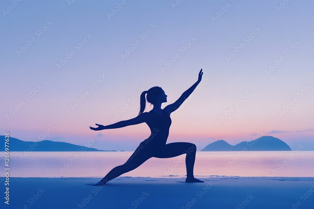 Silhouette of a woman practicing yoga at sunset on a tranquil beach with distant islands Silhouette of a woman practicing yoga at sunset on a tranquil beach with distant islands