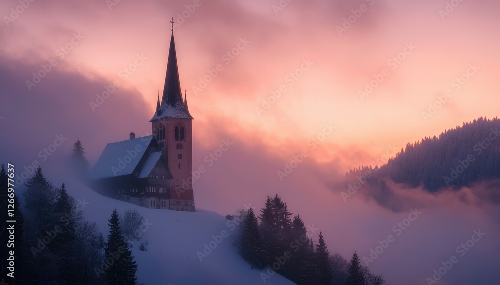 Fototapeta premium Church on hill shrouded in fog at sunrise with forest backdrop. Scenic view