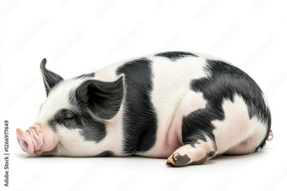 Fat black and white pig lying down with a content expression, side view, no shadow, cut out, isolated on a white background Fat black and white pig lying down with a content expression, side view, no shadow, cut out, isolated on a white background
