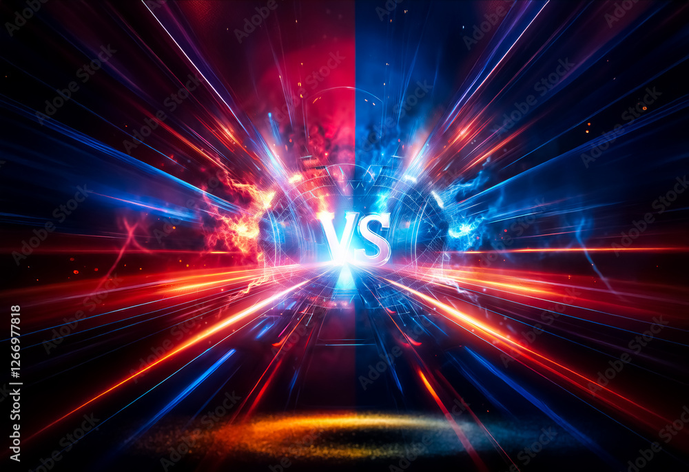 Dynamic clash of red and blue light rays converging on a central point. A vibrant abstract background conveying intense energy and competition. Dynamic clash of red and blue light rays converging on a central point. A vibrant abstract background conveying intense energy and competition.