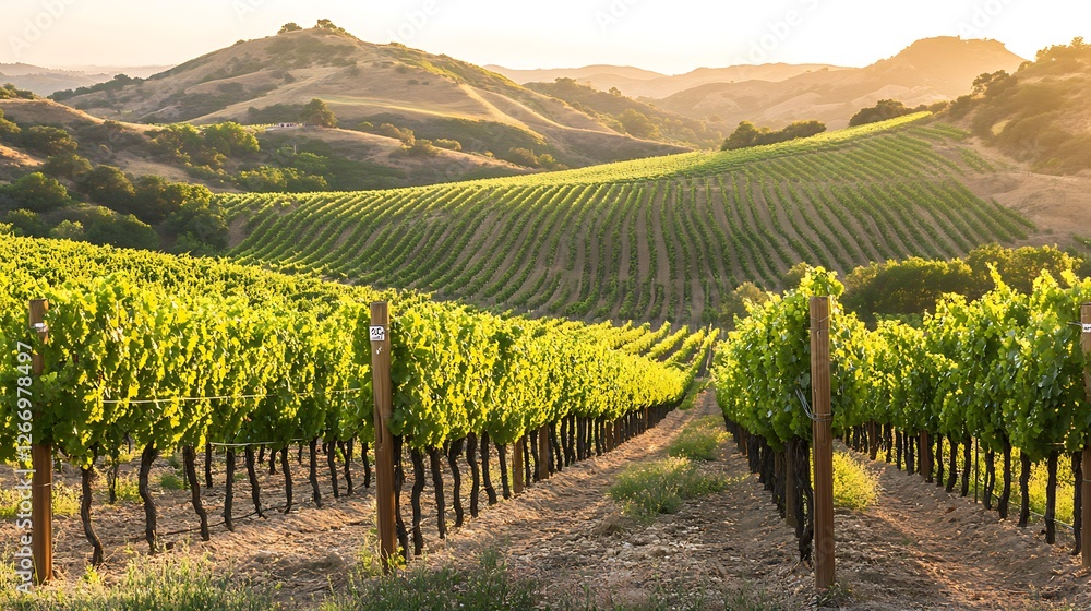 Fototapeta premium Rolling Hills Vineyard Sunset Golden Hour Landscape