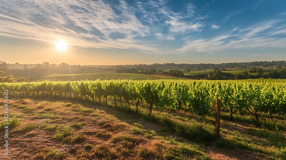 Naklejka premium Vineyard Sunrise Scenic Rolling Hills Landscape