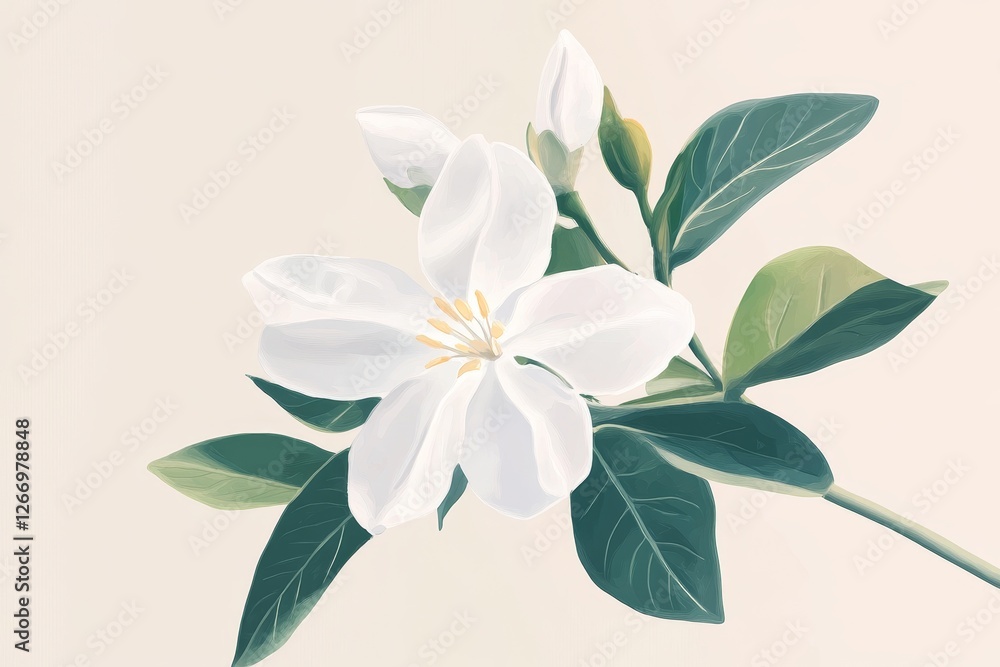 Fototapeta premium Elegant jasmine bloom, intricately illustrated, showcasing delicate petals and vibrant colors, perfect for floral enthusiasts and art lovers.