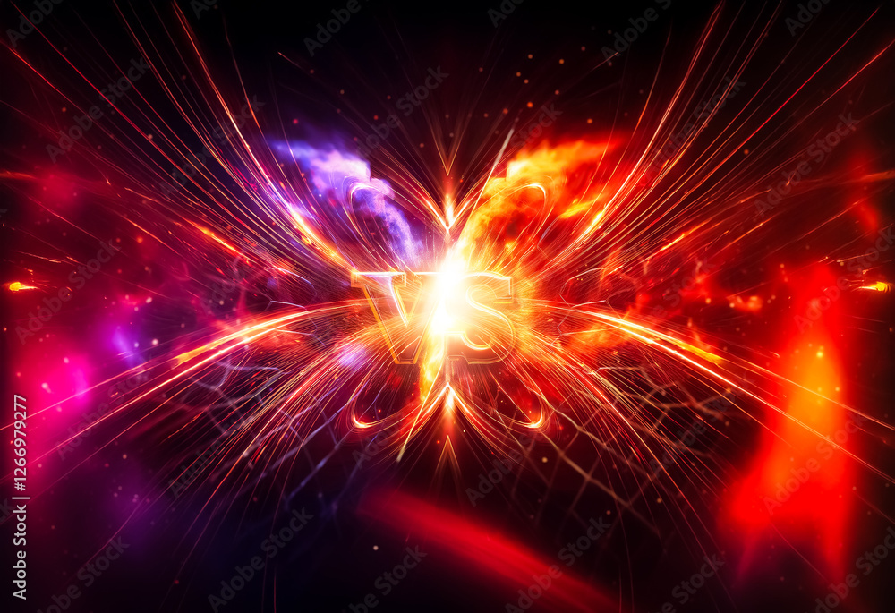 Vibrant energy clash with bright center light. Red and purple bursts emanate outward with dynamic rays in an intense, dramatic, abstract scene. Vibrant energy clash with bright center light. Red and purple bursts emanate outward with dynamic rays in an intense, dramatic, abstract scene.