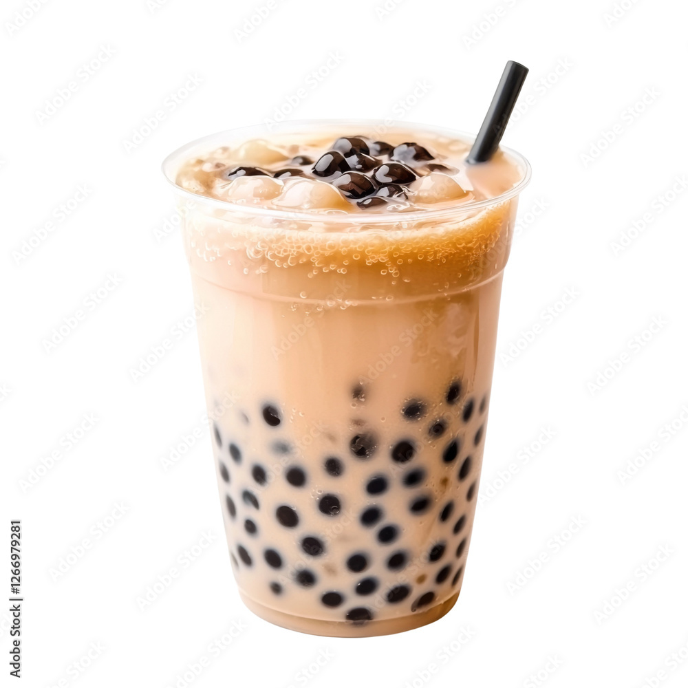 Creamy bubble tea with tapioca pearls, served in clear cup with straw. This refreshing drink is perfect for warm days and offers delightful mix of flavors Creamy bubble tea with tapioca pearls, served in clear cup with straw. This refreshing drink is perfect for warm days and offers delightful mix of flavors