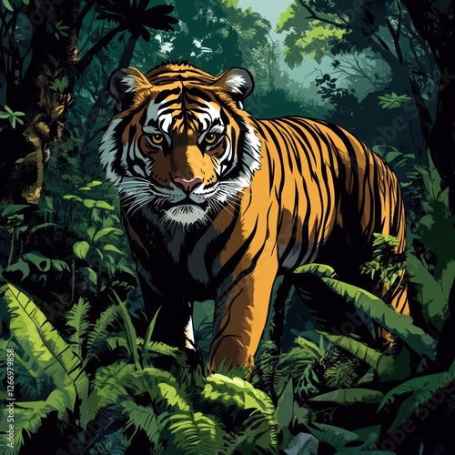 Tiger in dense jungle, wildlife, nature, powerful, dangerous photo